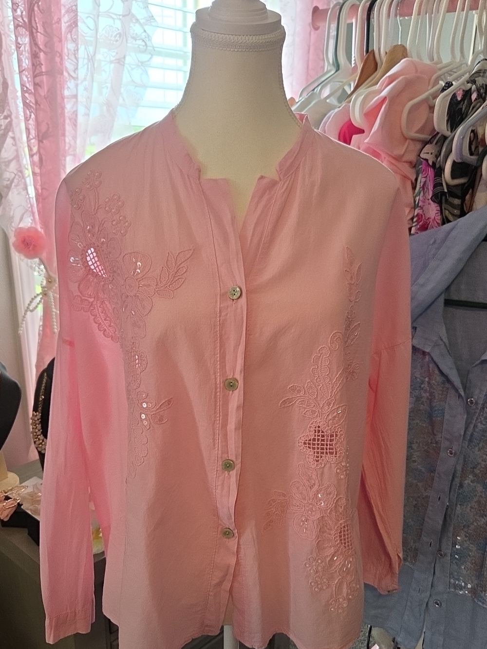 Embroidered Pink Button-Down Women's Shirt Linen and Cotton. NWOT